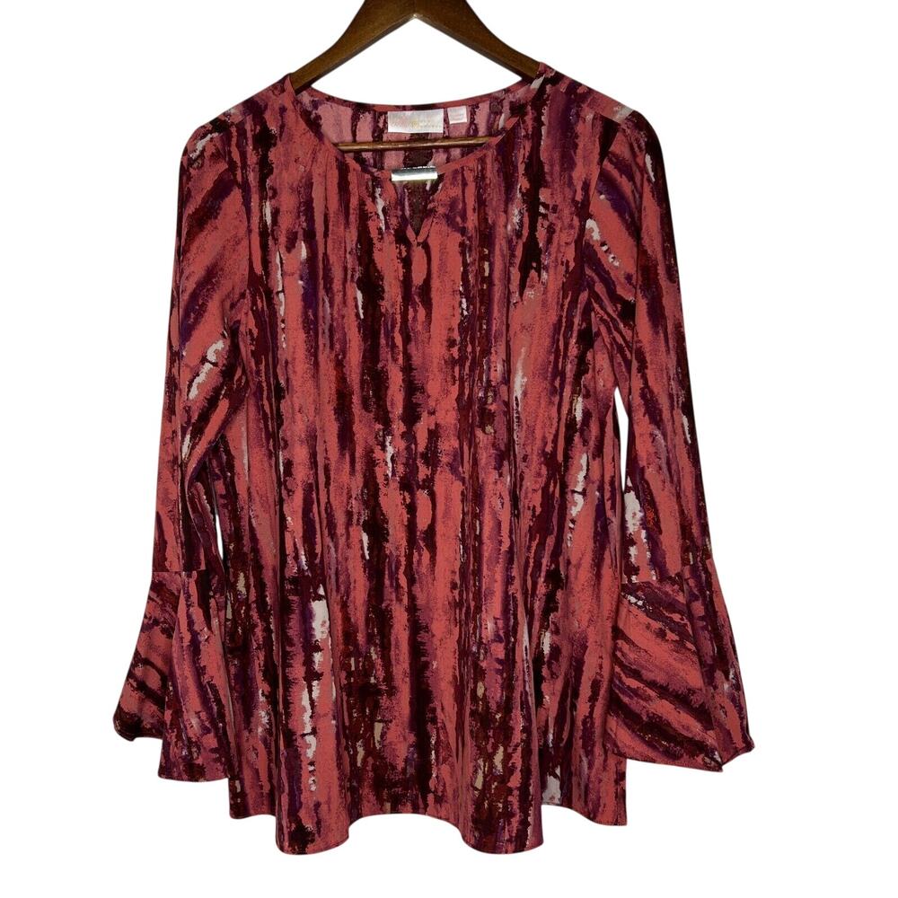 Belle by Kim Gravel Red Abstract Print Tunic Top M Bell Sleeves Bold Artistic